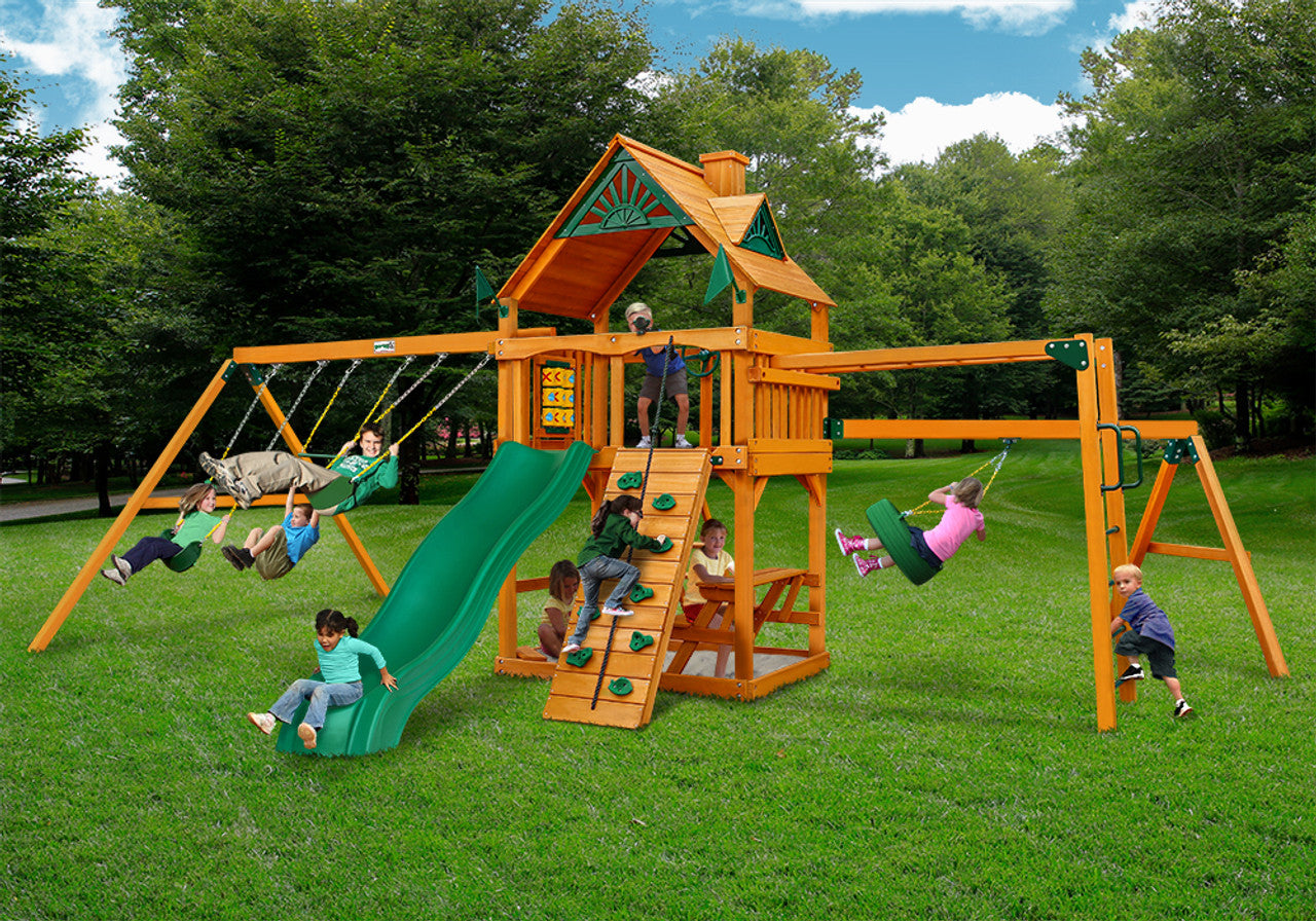 Gorilla-Playsets-Homestead-W-Sky-Loft-Wooden-Swing-Set-Front