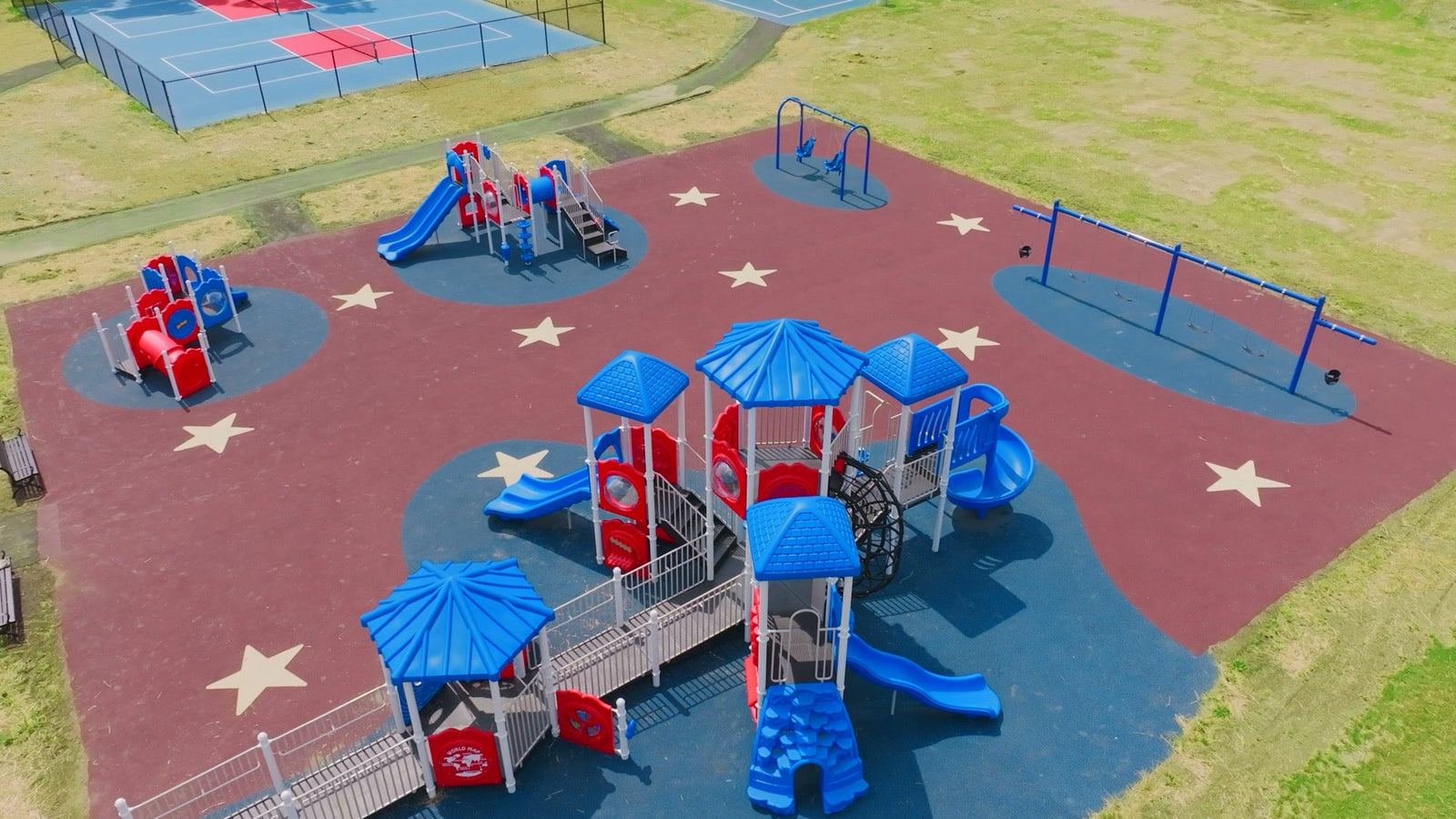 Aerial view of the fully ADA-accessible municipal playground NJ Swingsets & Playgrounds built at Erie Street Park, Village of Goshen NY
