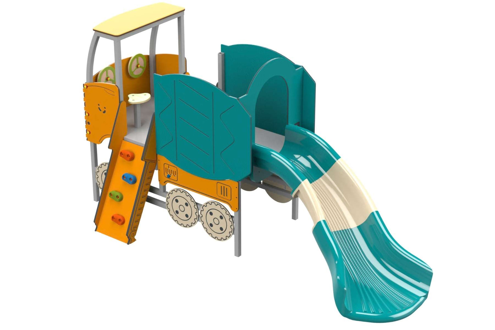 Psagot Playgrounds Cement Mixer - HDPE vehicle play structure with climbing wall for ages 2-5