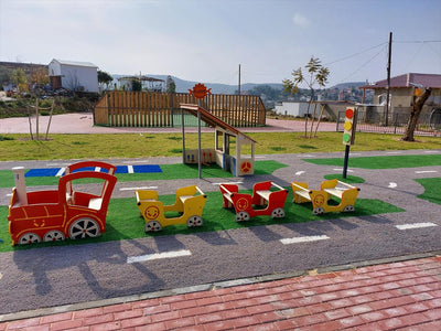 Psagot Playgrounds Happy Train - detail of engine with bench and steering wheel