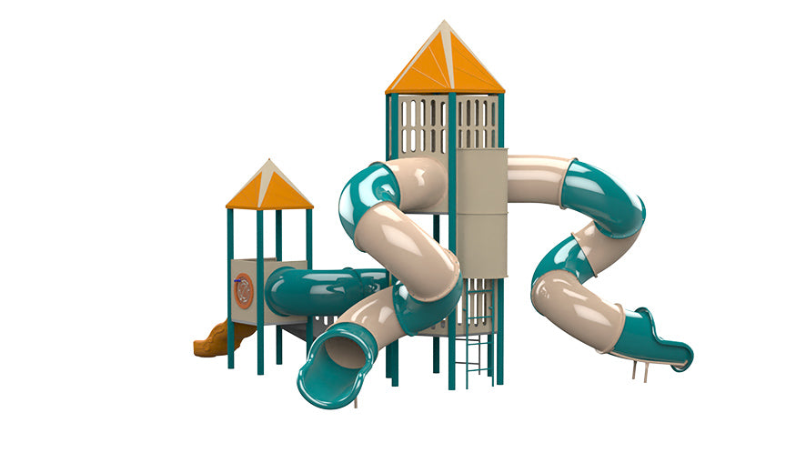 Psagot Playgrounds Santa Fe Commercial Playground - steel post play system with two towers and tube slide for ages 5-12