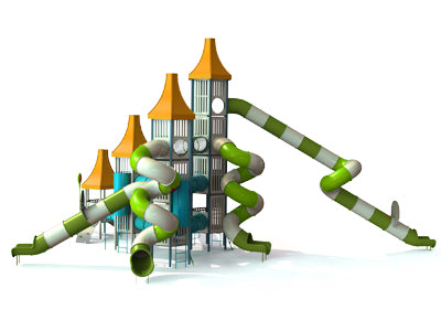 Psagot Playgrounds Springfield Commercial Playground - steel post play system with 4 hexagonal towers for ages 5-12