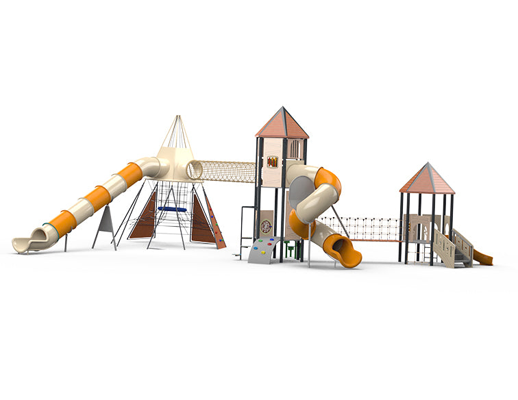 Psagot Playgrounds Colorado Springs - pyramid climber with hexagonal tower and tube slides for ages 5-12