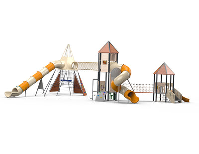 Psagot Playgrounds Colorado Springs - pyramid climber with hexagonal tower and tube slides for ages 5-12
