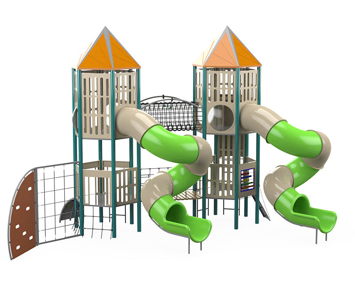 Psagot Playgrounds Columbia Commercial Playground - steel post twin-tower play system with tube slides for ages 5-12