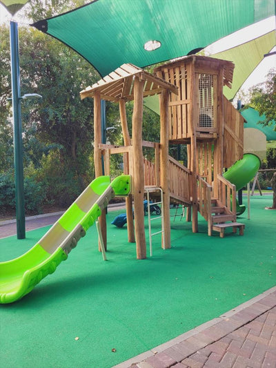 Psagot Playgrounds Fargo - Robinia wood and steel twin-tower play system for ages 5-12