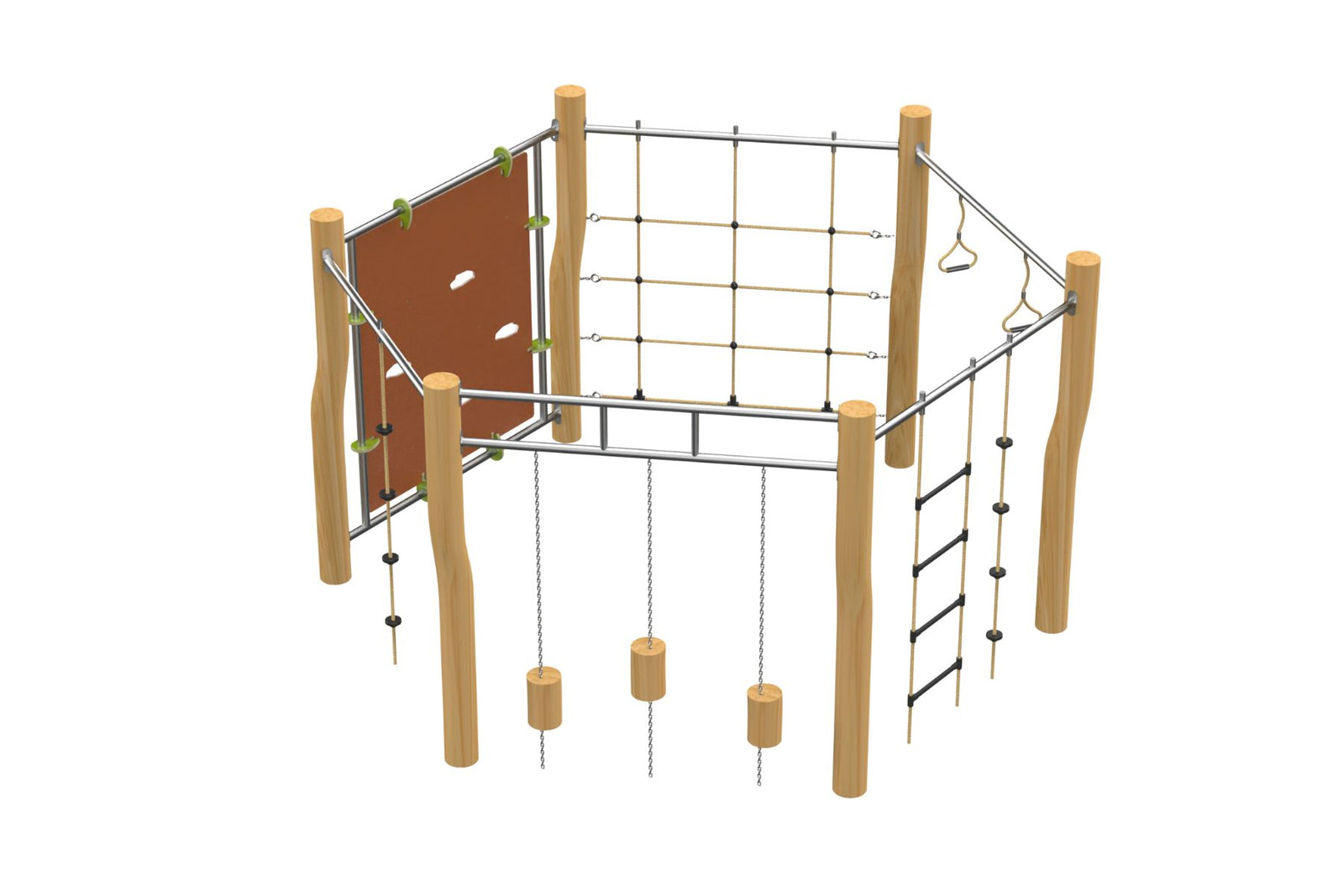 Psagot Playgrounds Robinia Wood Hexagon - natural wood hexagonal fitness structure with climbing wall for ages 5-12