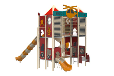 Psagot Playgrounds Fire Station Commercial Playground - HDPE play system with slide and climbing and stairs for ages 5-12