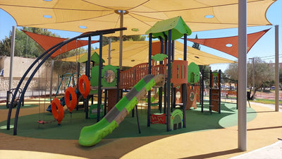 Psagot Playgrounds Atlanta Commercial Playground - HDPE play system with climbing and sliding for ages 5-12