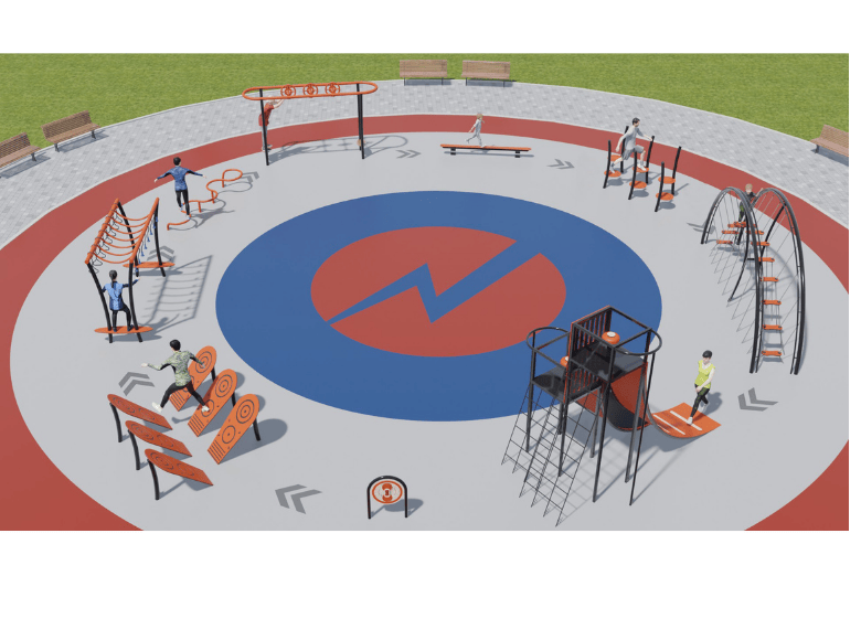Psagot Playgrounds Ninja Course - circular ninja obstacle arena with multiple stations for ages 5-12