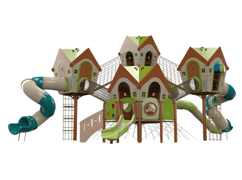 Psagot Playgrounds Long Beach 4 - fantasy cottage towers with rope bridges and tube slides for ages 5-12