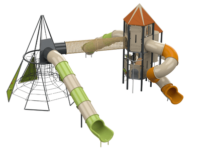 Psagot Playgrounds Colorado Springs B - pyramid climber with tower and tube slide for ages 5-12