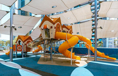 Psagot Playgrounds Long Beach 4B - modular cabin system with rope bridges and slides for ages 5-12