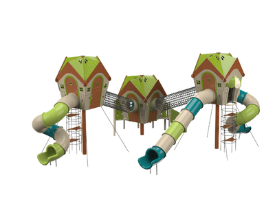 Psagot Playgrounds Long Beach 3B - multi-height cabins with rope bridge and slides for ages 5-12