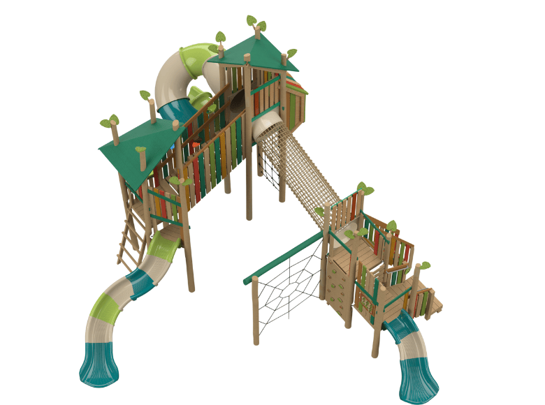 Psagot Playgrounds Risotto - Robinia wood system with twisting slides and rope ladders for ages 5-12