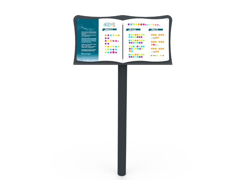 Psagot Playgrounds Notes Sign - color-coded musical guide for garden instrument play