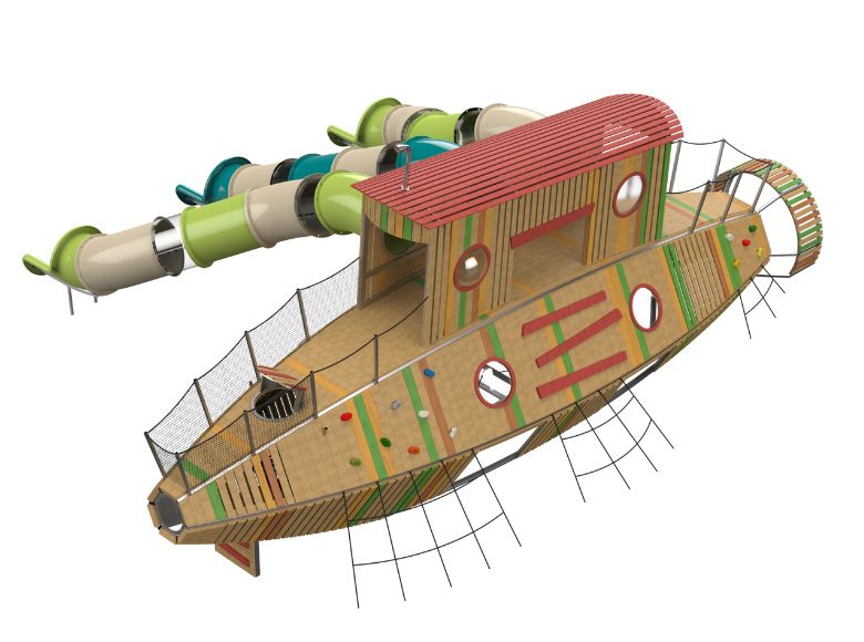 Psagot Playgrounds Submarine - Robinia wood submarine play system with barrel slides for ages 5-12