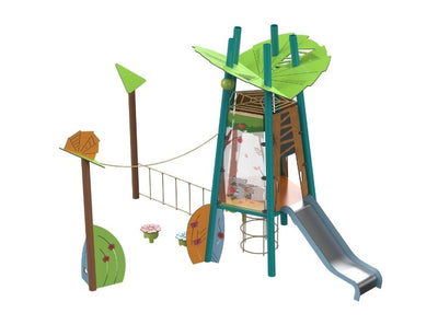 Psagot Playgrounds Panama - forest-themed toddler HPL play system with slide and rope bridge
