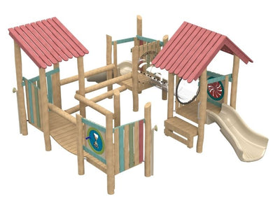 Psagot Playgrounds Fudge - Robinia wood village-style play system with low towers for ages 5-12