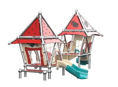 Psagot Playgrounds Lil Witch House A1 - two quirky huts connected by rope bridge
