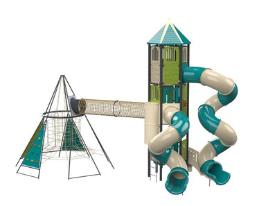 Psagot Playgrounds Minneapolis J - hexagonal tower with climbing pyramid and tube slides for ages 5-12