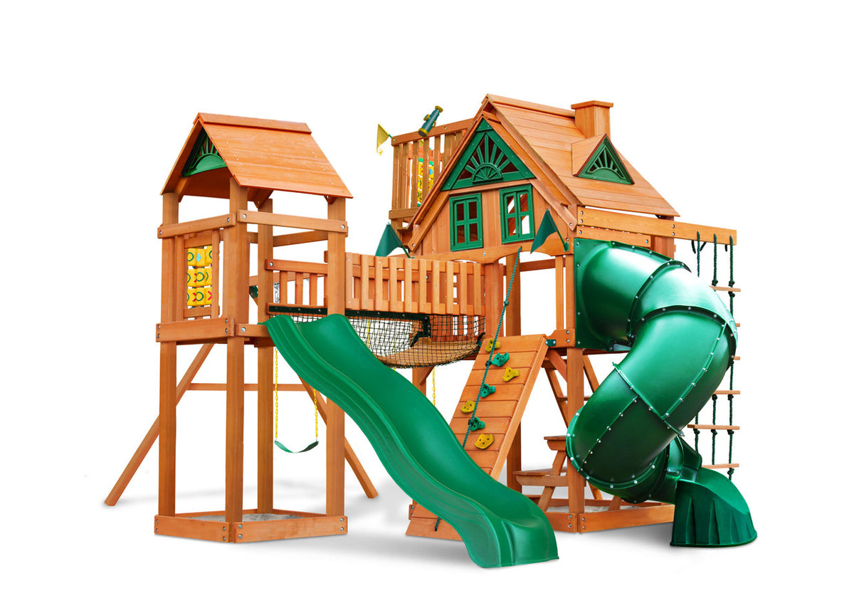 Gorilla-Playsets-Wilderness-Gym-W-Sky-Loft-Wooden-Swing-Set-W-Treehouse