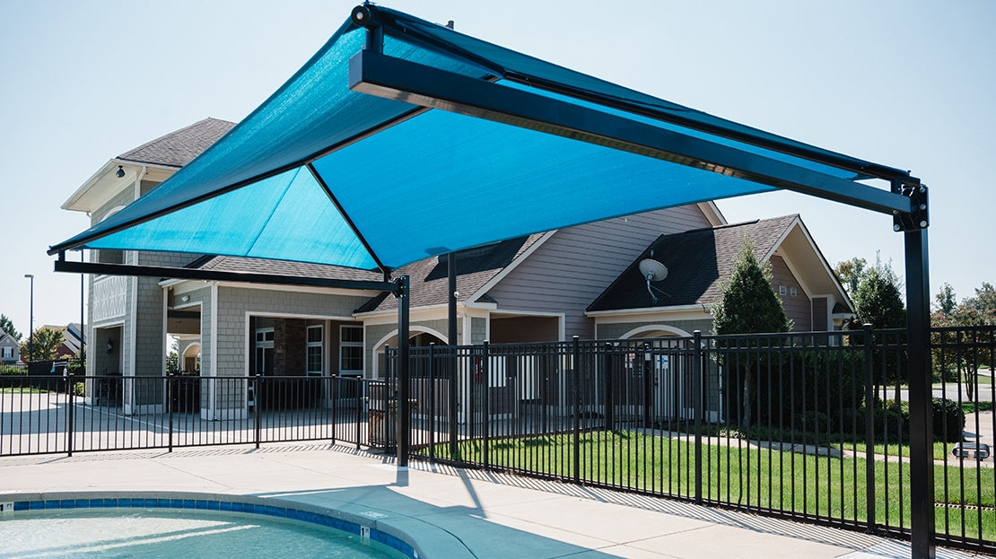 Superior Shade hanging cantilever shade over a pool