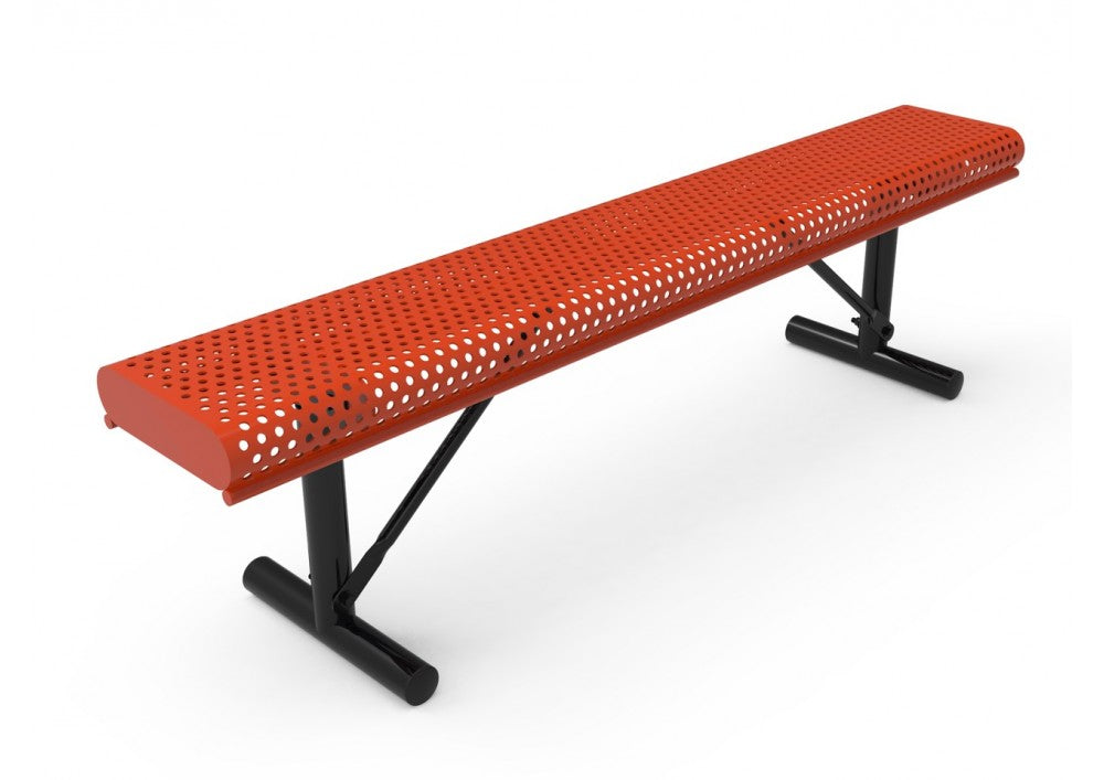 Playground-Equipment-Commercial-Amenities-Perforated-Steel-Rolled-Edge-Bench-WO-Back-Orange-In-Ground