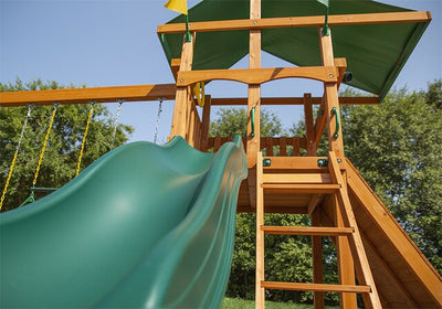Gorilla-Playsets-Outing-W-Trapeze-Bar-Wooden-Swing-Set-Slide-Close-Up